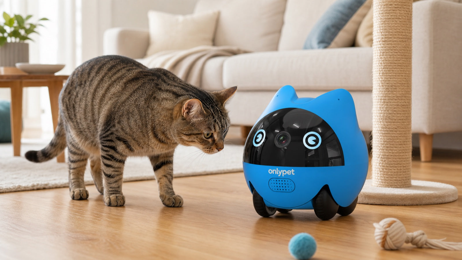 Indoor cat approaching the OnlyPet companion robot beside a scratching post during a supervised enrichment session