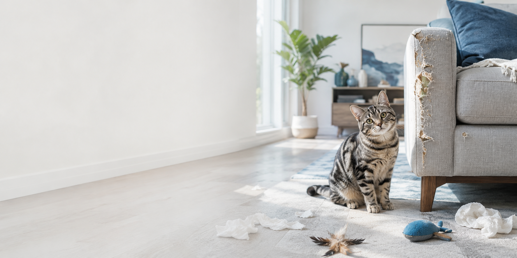 Indoor cat beside a scratched sofa in a home behavior study