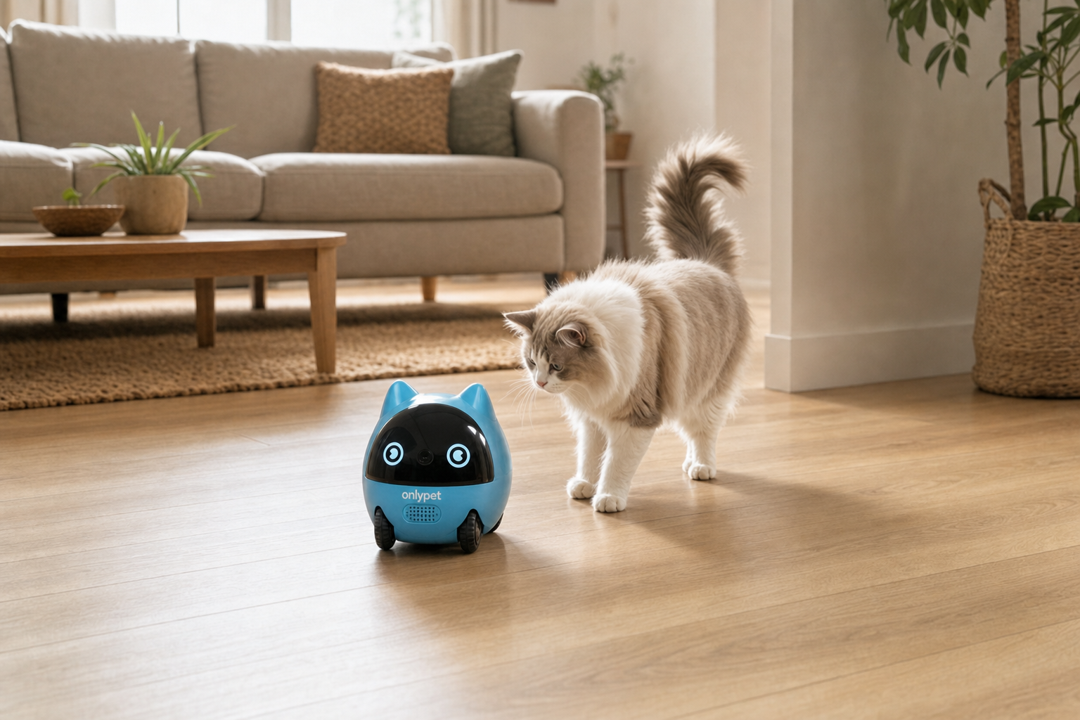 OnlyPetBuddy moving through a bright home beside a curious cat