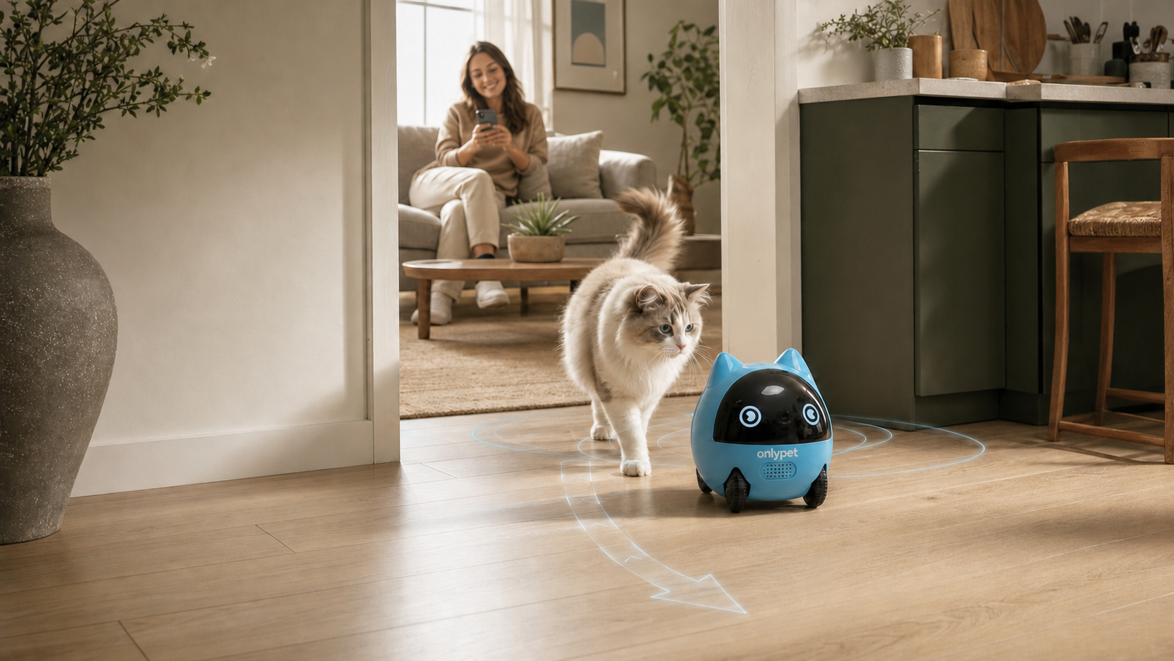 Onlypet embodied AI companion moving through a real home with a cat