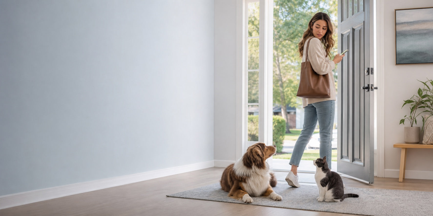 Pet owner looking back at a dog and cat while leaving home